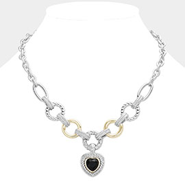 Heart Stone Pointed Pendant Two Tone Textured Metal Link Toggle Necklace