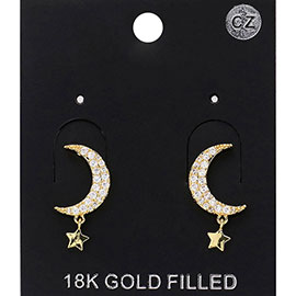 18K Gold Filled CZ Stone Paved Crescent Moon Metal Star Dangle Earrings