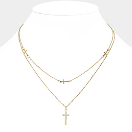 Stainless Steel Stone Paved Cross Pendant Double Layered Necklace