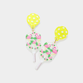 Resin Flamingo Printed Pickleball Racket Dangle Earrings