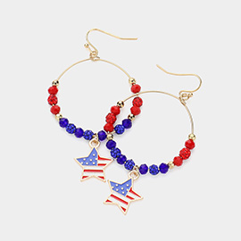 Enamel American USA Flag Star Charm Pointed Shamballa Ball Beaded Open Circle Dangle Earrings