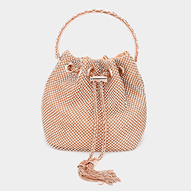 Bling Rhinestone Mesh Metal Draw String with Glass Stone Embellished Top Handle Bucket Bag / Crossbody Bag