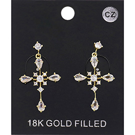 18K Gold Filled CZ Stone Cross Pendant Dangle Earrings