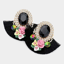 Round Glass Stone Flower Pointed Bohemian Thread Fringe Earrings 