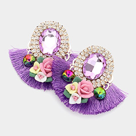 Round Glass Stone Flower Pointed Bohemian Thread Fringe Earrings 