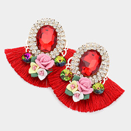 Round Glass Stone Flower Pointed Bohemian Thread Fringe Earrings 