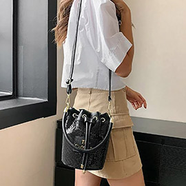 Faux Leather THE CUTE BAG Message Sequin Crossbody Bucket Bag