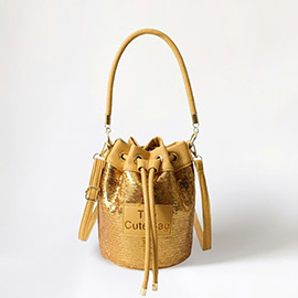 Faux Leather THE CUTE BAG Message Sequin Crossbody Bucket Bag