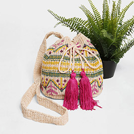 Tribal Pattern Straw Tassel Drawstring Crossbody Bucket Bag