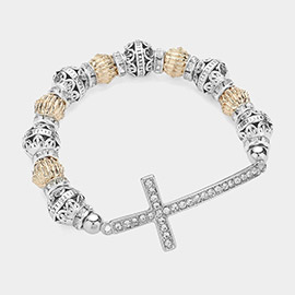 Stone Paved Cross Pointed Pearl Stretch Bracelet