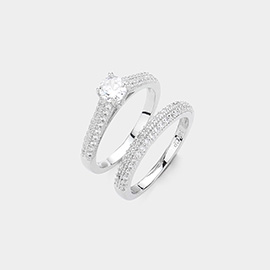 2PCS - Brass CZ Round Stone Cushion Accented Halo Ring and Wedding Bands