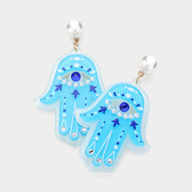 Pearl Pointed Evil Eye Hamsa Hand Dangle Earrings