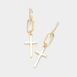 Rhinestone Paved Metal Cross Dandle Earrings