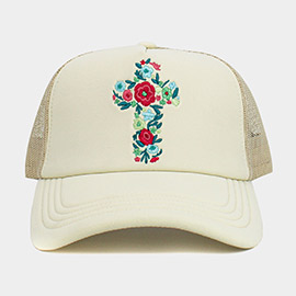 Floral Cross Embroidered Mesh Back Trucker Hat