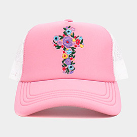 Floral Cross Embroidered Mesh Back Trucker Hat