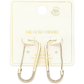 14K Gold Dipped CZ Stone Paved Safety Pin Hoop Earrings