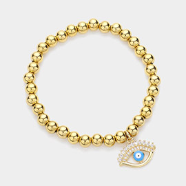 Stone Paved Enamel Evil Eye Charm Stainless Steel Bubble Stretch Bracelet