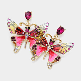 Rhinestone Embellished Enamel Translucent Butterfly Dangle Earrings