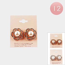 12Pairs - Pearl Pointed Stone Paved Flower Stud Earrings