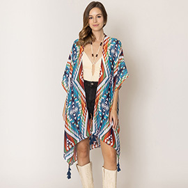 Aztec Print Tassel Kimono Poncho