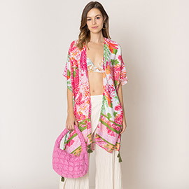 Floral Print Tassel Kimono Poncho