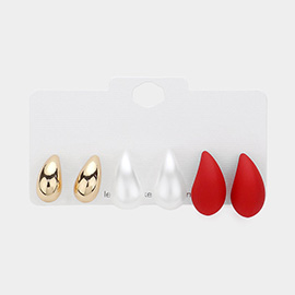 3Pairs - Metal Pearl Matte Teardrop Stud Earrings Set