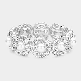 Round Pearl Pointed Rhinestone Paved Link Stretch Bracelet