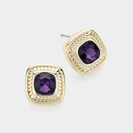 14K Gold Plated Stone Paved Square Stud Earrings