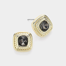 14K Gold Plated Stone Paved Square Stud Earrings