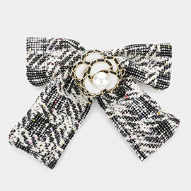 Pearl Pointed Flower Center Tweed Bow Barrette