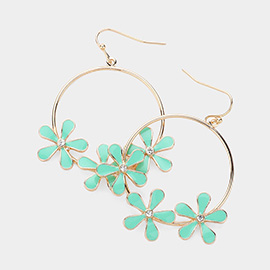 Stone Pointed Enamel Flower Open Ring Dangle Earrings