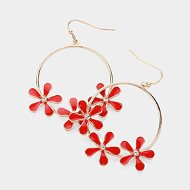 Stone Pointed Enamel Flower Open Ring Dangle Earrings