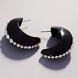 Center Rhinestone Line Accented Chunky Crescent Hoop Earrings