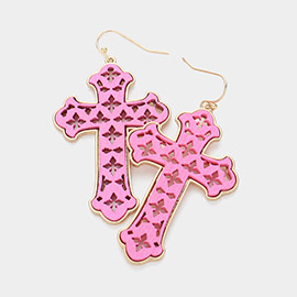 Cut Out Wood Cross Dangle Earrings