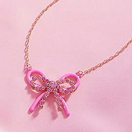 Rhinestone Pointed Enamel Bow Pendant Necklace