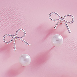 2Pairs - Metal Wire Rope Bow Pearl Stud Earrings Set