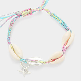 Puka Shell Accented Metal Starfish Charm Pointed Braided Cinch Pull Tie Adjustable Bracelet