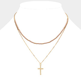 Metal Ball Cross Pendant Seed Beaded Double Layered Necklace