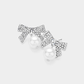 Rhinestone Paved Bow Pearl Dangle Earrings