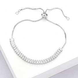 Stainless Steel Baguette CZ Stone Tennis Chain Cinch Pull Tie Adjustable Bracelet