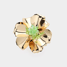 Beaded Ball Center Metal Petal Flower Adjustable Ring