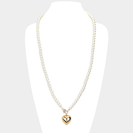 Metal Heart Pendant Pearl Long Necklace