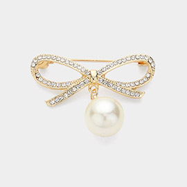 Pearl Dangle Rhinestone Paved Bow Pin Brooch