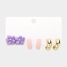 3Pairs - Flower Stud Hoop Earrings Set