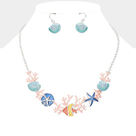 Enamel Sea Shell Sand Dollar Fish Seaweed Link Necklace