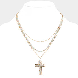 Faceted Beaded Metal Paper Clip Chain Layered Cross Pendant Necklace