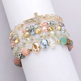 5PCS - Stone Paved Cross Pendant Pointed Faceted Beaded Multi Layered Bracelets