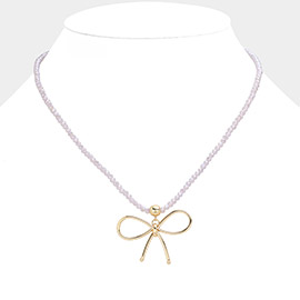 Faceted Beaded Brass Metal Wire Bow Pendant Necklace