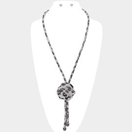 Bling Studded Leopard Pattern Pendant Pointed Evening Long Bolo Tie Necklace