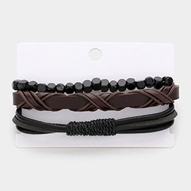 3PCS - Unisex Wax Rope Genuine Leather Braided Adjustable Bracelet Wood Beaded Stretch Bracelet Set